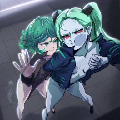 cyberpunk: edgerunners, cyberpunk 2077, netflix, one-punch man, studio trigger, rebecca (edgerunners), tatsumaki, hehevich, 2girls, angry, angry expression, angry eyes, angry face, arguing, ass