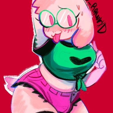 deltarune, undertale (series), ralsei, v rawr, 1boy, blush, clothed, clothing, femboy, fur, furry, furry only, glasses, goat, male