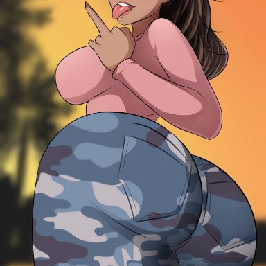 grand theft auto, grand theft auto vi, lucia (gta), glazinbuns, 1girls, ass, ass focus, big ass, breasts, brown eyes, brown hair, camouflage pants, clothing, female, female only