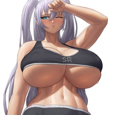 azur lane, intrepid (azur lane), superbusty, 1girls, blue eyes, breasts, female, female only, huge breasts, light-skinned female, light skin, long hair, massive breasts, sportswear, sweat