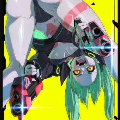 cyberpunk: edgerunners, rebecca (edgerunners), enmanuelart20, 1girls, angry, ass, female only, green hair, guns, looking at viewer, robot girl, sharp teeth, shortstack, under boob, yelling