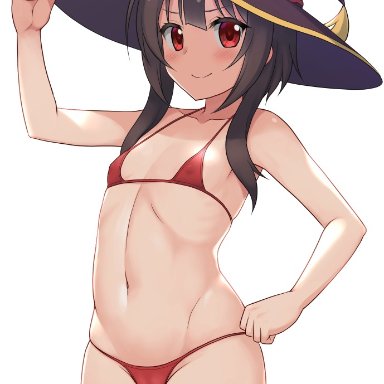 megumin, hormone koijirou, 1girls, black hair, small breasts, smile, witch hat