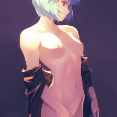 neon genesis evangelion, rei ayanami, optionaltypo, blue hair, bottomless, breasts, female, looking at viewer, simple background, small breasts, tagme