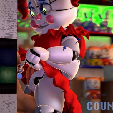 five nights at freddy's, scottgames, sister location, baby (fnafsl), circus baby, circus baby (fnaf), countersfm, against surface, against wall, animatronic, anthro, big penis, clothed, clothing, clothing lift