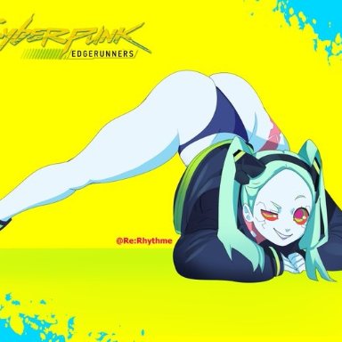 cyberpunk: edgerunners, cyberpunk 2077, rebecca (edgerunners), blue hair, cybernetics, female only, jack-o' pose, jack-o pose, jackochallenge, meme