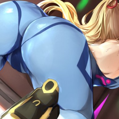 metroid, nintendo, samus aran, artist request, 1girls, ass, backboob, blonde hair, breasts, female, female only, hips, huge ass, large breasts, long hair