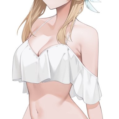 genshin impact, lumine (genshin impact), 1girls, bikini, blonde hair, breasts, feather hair ornament, feathers, flower, flower in hair, halterneck, kuen (kuennn12), looking at viewer, medium breasts, medium hair