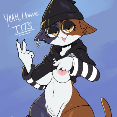 epic games, fortnite, meow skulls (fortnite), virito, anthro, areola, beanie, big breasts, bottomwear, breasts, calico cat, claws, cleft of venus, clothing, domestic cat