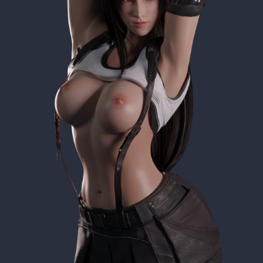 final fantasy, final fantasy vii, final fantasy vii remake, square enix, tifa lockhart, 1futa, areolae, armpits, arms up, athletic, athletic futanari, big penis, breasts, clothed, clothing