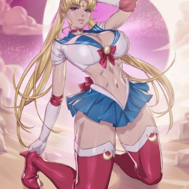 bishoujo senshi sailor moon, sailor moon, usagi tsukino, arttoru, 1girls, abs, athletic, athletic female, big breasts, boots, cleavage, female, female only, female protagonist, fit