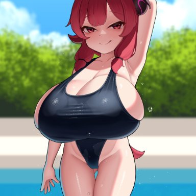 original, goat-chan, original character, kaedeno yuu, 1girls, breasts, female, female only, horns, huge breasts, light-skinned female, light skin, looking at viewer, naughty face, one-piece swimsuit