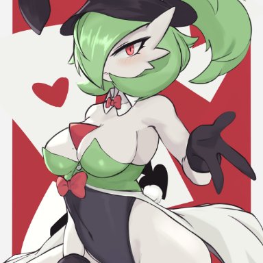 nintendo, pokemon, gardevoir, pok&#233;mon (species), yoru vida, 1girls, athletic female, bent leg, blush, breasts, bunny ears, bunny tail, bunnysuit, detached collar, female