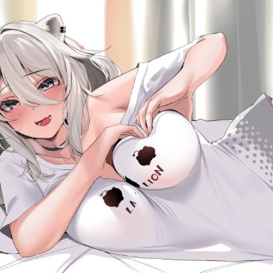 hololive, shishiro botan, torpedo (gad3757), bed, big ass, big breasts, bottomless, breast grab, breast press, breast squeeze, breasts, choker, curvy, fangs, fat ass