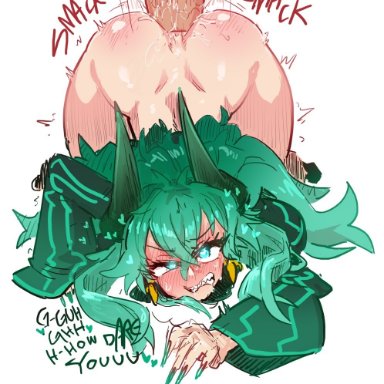 thetenk, anal, anal sex, bent over, bottomless, doggy style, dragon girl, dragon horns, dubious consent, enjoying it, face down ass up, green hair, gritted teeth, heart-shaped pupils, horns