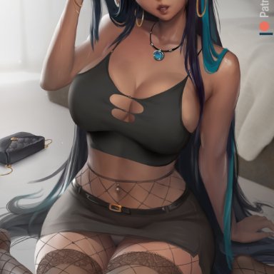 nintendo, pokemon, pokemon ss, nessa (pokemon), meekohopanes, 1girls, black hair, blue eyes, breasts, brown skin, dark-skinned female, dark skin, female, female only, hair ornament