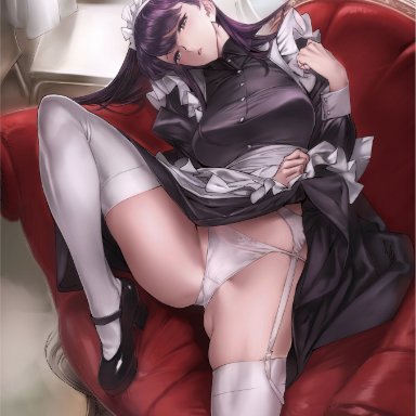 komi-san wa komyushou desu, komi shouko, nishieda, apron, black footwear, black hair, breasts, clothes lift, couch, crotch seam, female, garter belt, garter straps, gluteal fold, head tilt