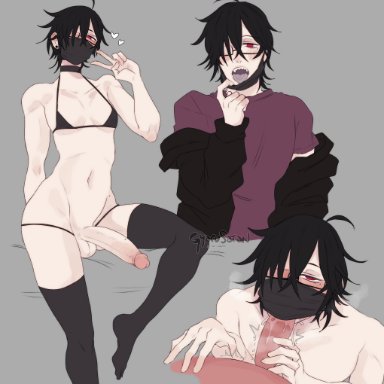 jade (gyarusatan), gyarusatan, 1boy, ahoge, balls, bikini, black hair, black thighhighs, blowjob, choker, fellatio, fellatio under mask, femboy, gay, glasses