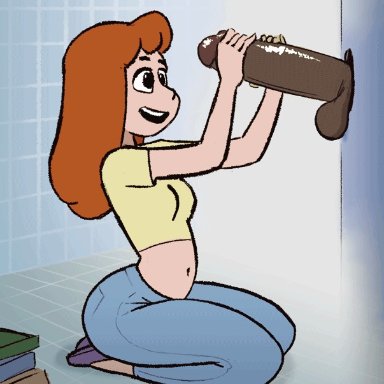 yunowut, 1boy, ass, female, glory hole, handjob, jeans, kneeling, male, midriff, navel, penis awe, red hair, animated, skin edit