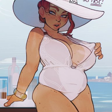 incase, 1girls, bbw, beach, belly, blue eyes, chubby, chubby female, female, female only, ginger, ginger hair, hat, large hat, looking at viewer