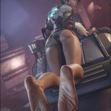 overwatch, tracer, wtsnacks1, 1girls, ass, barefoot, bent over, big feet, bottomless, brown eyes, brown hair, chronal accelerator, feet, foot fetish, foot focus