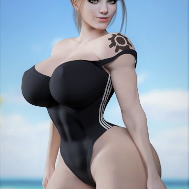 blizzard entertainment, overwatch, brigitte, audrix, 1girls, abs, ass, big ass, big breasts, female, muscular, muscular female, one-piece swimsuit, red hair, swimsuit