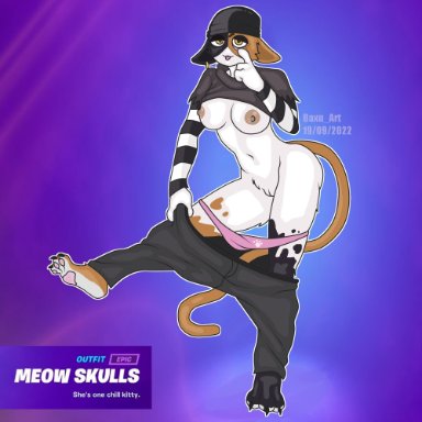 fortnite, meow skulls (fortnite), clothed, emo, feline, female, furry, furry only, goth, pants down