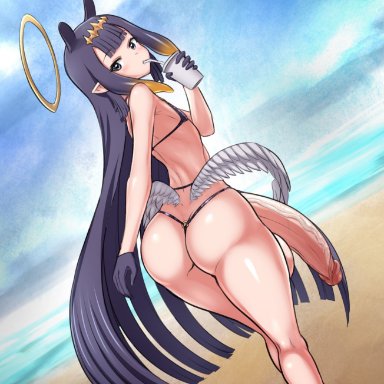 hololive, hololive english, ninomae ina'nis, jadf, 1girls, angel wings, ass, ass focus, beach, big ass, bikini, bubble butt, drinking, eyebrows visible through hair, female