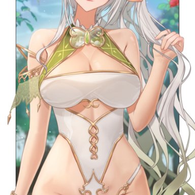 genshin impact, nahida (genshin impact), renberry77, big breasts, breasts, elf, female, female only, green eyes, large breasts, long hair, looking at viewer, thick thighs, thighhighs, thighs