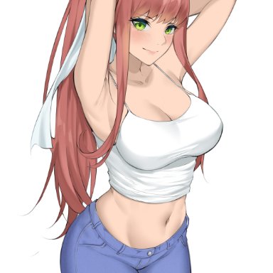 doki doki literature club, byeon dha, 1girls, armpits, big breasts, breasts, eye contact, green hair, hair ribbon, light skin, long hair, looking at viewer, pants, smile, solo