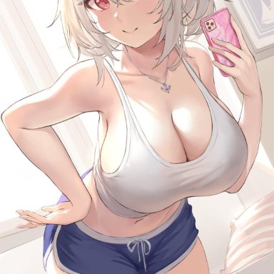 sirius (azur lane), artist request, big breasts, cellphone, cleavage, crop top, huge breasts, phone, red eyes, selfie, short hair, short shorts, tank top, thick thighs, white hair