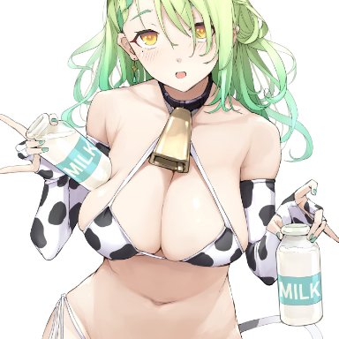 hololive, hololive english, ceres fauna, mitsuru (pixiv 34028718), animal ears, animal print, armpit crease, bangs, bare shoulders, beauty mark, bell, bikini, bikini bottom, bottle, bra