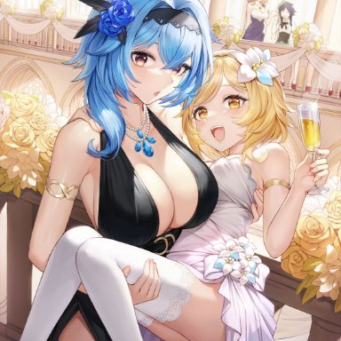 genshin impact, eula (genshin impact), lisa (genshin impact), lumine (genshin impact), venti (genshin impact), 1boy, 3girls, black dress, blonde hair, blue eyes, blush, busty, carrying, carrying partner, cleavage