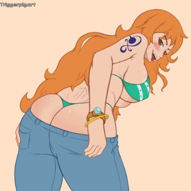 one piece, nami, triggerpigart, 1girls, ass, bikini, blush, long hair, looking back, orange hair, pants down, solo, tattoo, whale tail