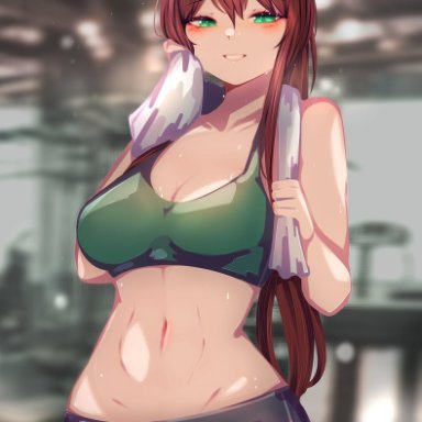 doki doki literature club, likesac, 1girls, abs, bow, brown hair, female, green eyes, gym, gym clothes, gym clothing, gym shorts, gym uniform, looking at viewer, muscle tone