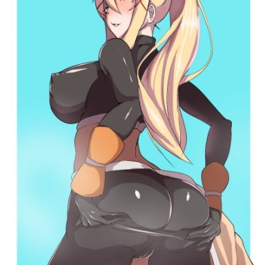 darkness (konosuba), men teru, 1girls, ass, bangs, big breasts, black bodysuit, blonde hair, blue eyes, blush, bodysuit, breasts, cameltoe, covered nipples, hair ornament