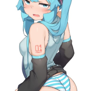 vocaloid, hatsune miku, abmayo, arm tattoo, ass, bangs, bare shoulders, blush, breasts, detached sleeves, female, from side, green hair, grey shirt, hair ornament