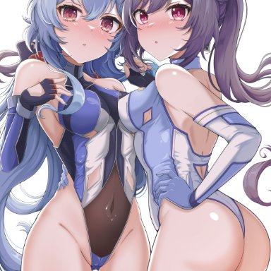 genshin impact, ganyu (genshin impact), keqing (genshin impact), 2girls, ahoge, ass, bare shoulders, blue hair, blush, breasts, cone hair bun, covered navel, cowboy shot, double bun, elbow gloves