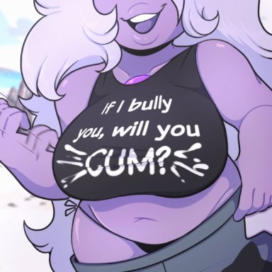 cartoon network, steven universe, amethyst (steven universe), gem (species), gametimeasia, 1girls, beach, belly, big breasts, chubby, eyes out of frame, female, lavender hair, navel, pants down