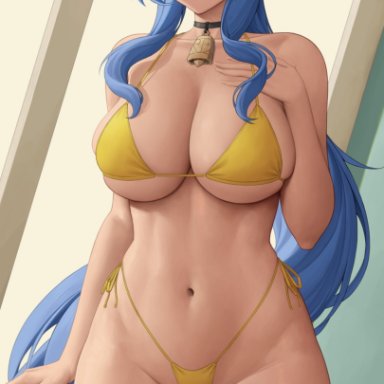 genshin impact, ganyu (genshin impact), zaphn, 1girls, ahoge, bikini, blue hair, breasts, choker, female, female only, hips, horns, indoors, large breasts