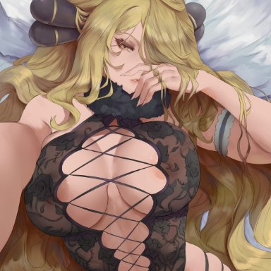 game freak, nintendo, pokemon, pokemon (game), pokemon dppt, cynthia (pokemon), araneesama, 1girls, arm up, blonde hair, breasts, female, gold eyes, hair ornament, hair over one eye