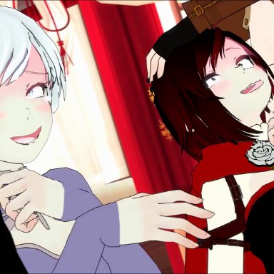 rwby, blake belladonna, ruby rose, weiss schnee, yang xiao long, sfmslayer, ahe gao, ass, black hair, blonde hair, blue eyes, blush, clothed, clothed sex, clothing