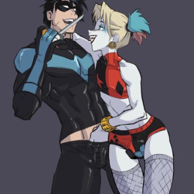 batman (series), dc, dc comics, dick grayson, harley quinn, nightwing, henshintiger, 2boys, blonde hair, bulge, caressing testicles, earrings, femboy, gay, knife