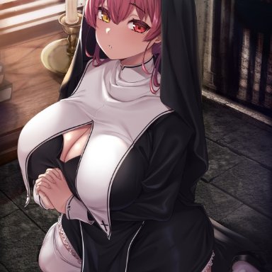 hololive, houshou marine, moisture (chichi), alternate breast size, bangs, black dress, black footwear, breast press, breasts, candle, cleavage, cleavage cutout, clothing cutout, collar, cross