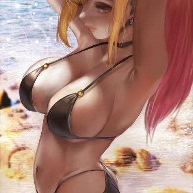 sono bisque doll wa koi wo suru, kitagawa marin, artist request, 1girls, adjusting hair, armpits, arms behind head, ass, beach, big breasts, bikini, black bikini, blonde hair, breasts, busty