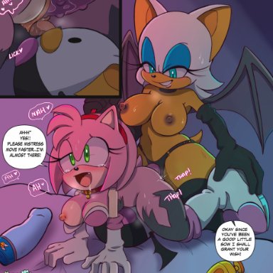 sega, sonic (series), sonic the hedgehog (series), amy rose, rouge the bat, pepamintop, 2girls, ahe gao, all fours, anthro, anthro only, areola, armwear, big areola, big breasts