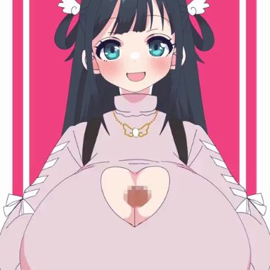 amano nene (vtuber), showyou, ahoge, aqua eyes, bangs, big breasts, breast suppress, breasts, cleavage, cleavage cutout, covered paizuri, cum, cum on clothes, cum volcano, cute