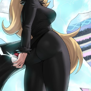 creatures (company), game freak, nintendo, pokemon, pokemon (game), pokemon dppt, cynthia (pokemon), garchomp, echosaber, ass, black coat, black pants, blonde hair, cintia (pok&#233;mon), coat