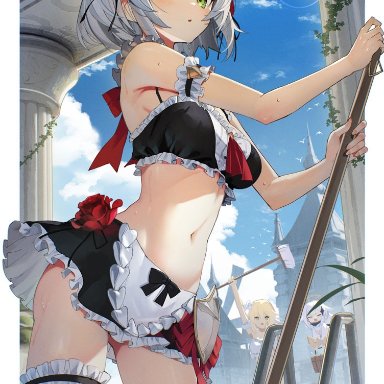 genshin impact, lumine (genshin impact), noelle (genshin impact), paimon, paimon (genshin impact), scottie (phantom2), frilled bikini, frills, green eyes, grey hair, maid