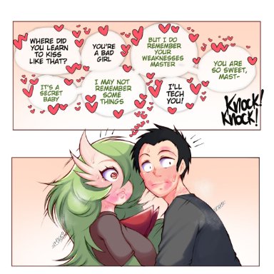 pokemon, gardevoir, saltyxodium, blush, blushing, green hair, hearts, kiss mark, red eyes, surprised, surprised expression, sweating, dialogue, english, english text