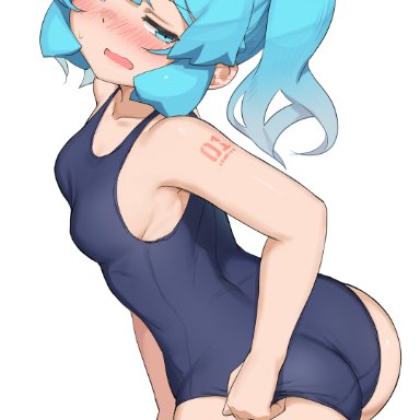 vocaloid, hatsune miku, abmayo, 1girls, aqua eyes, aqua hair, ass, big ass, big butt, blush, breasts, embarrassed, half-closed eyes, legwear, light-skinned female